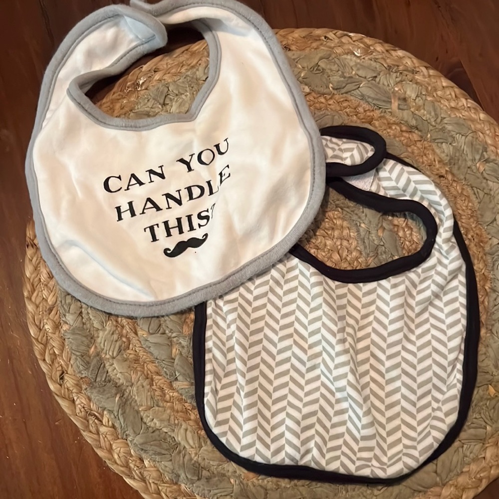 Never worn bibs “Can you handle this” with Mustache and chevron print